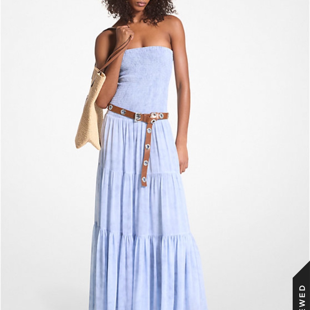 Chambray Print Smocked Georgette Maxi Dress NWT MICHAEL KORS
